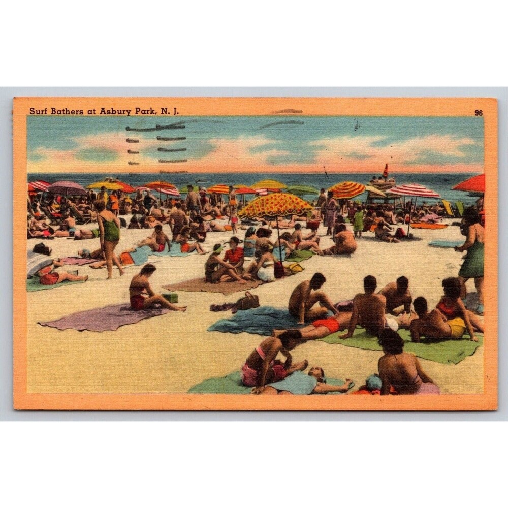 Vtg 1959 Asbury Park NJ Postcard Surf Bathers Crowded Beach Scene Jersey Shore